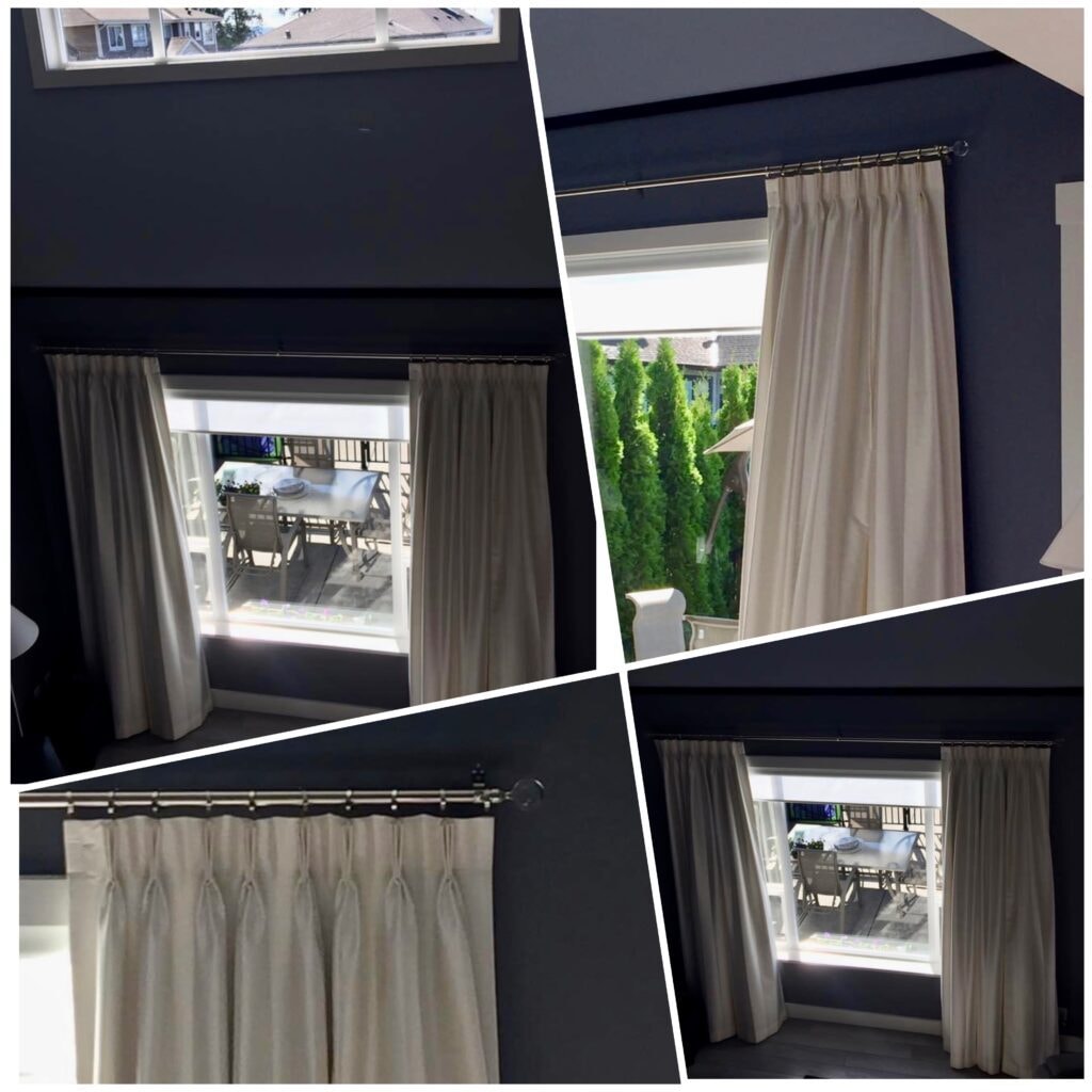 Pinch pleat curtain collage on dark navy walls