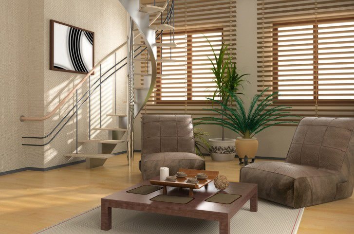 Modern living room with wooden blinds and shutters