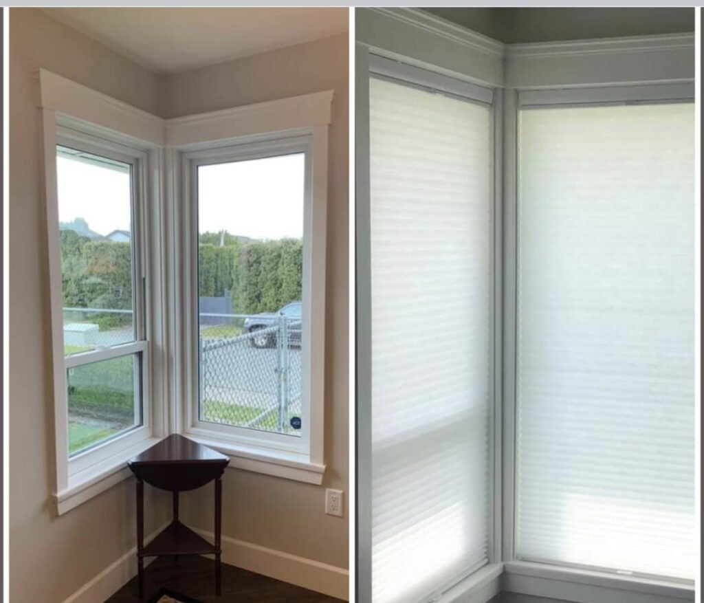 Corner windows with cellular honeycomb blinds before and after