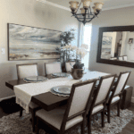 Modern dining room table with floral centerpiece